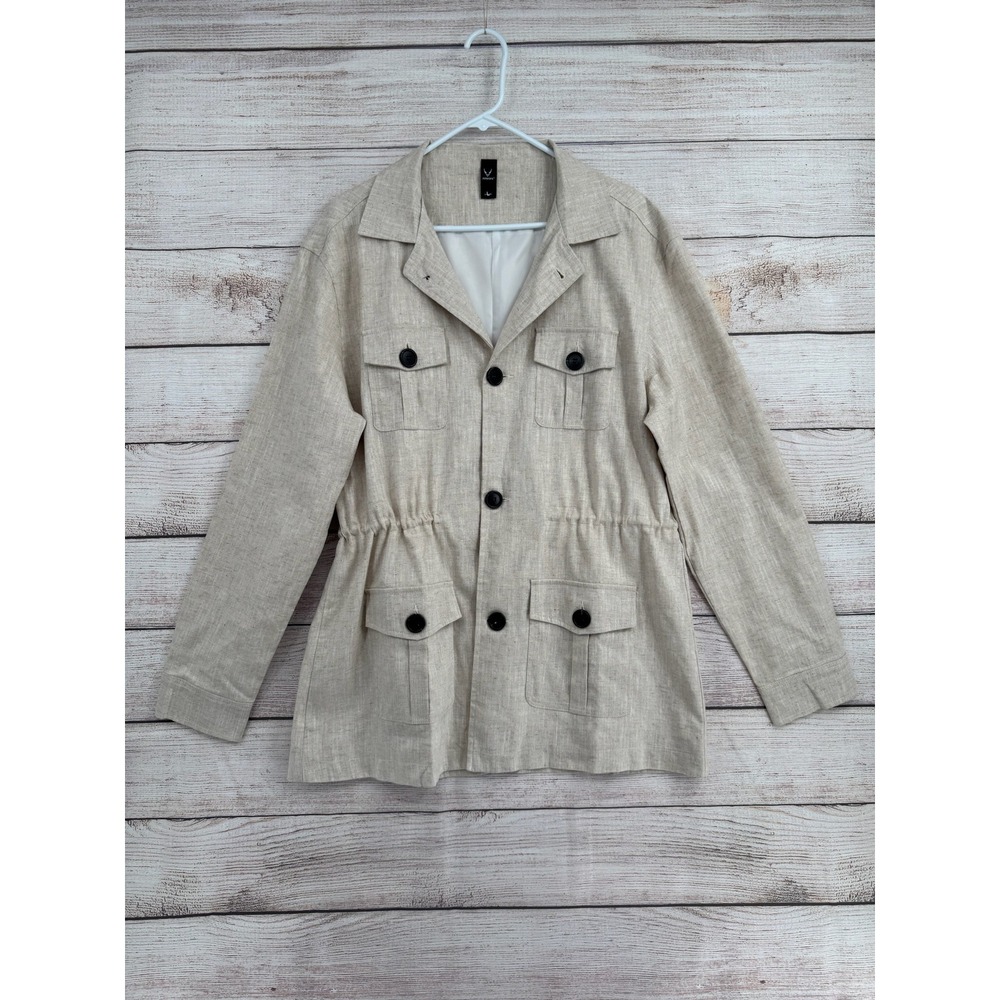 AOWOFS Safari Field Jacket Mens Large Tan 100% Flax Linen Utility Pocket Coat